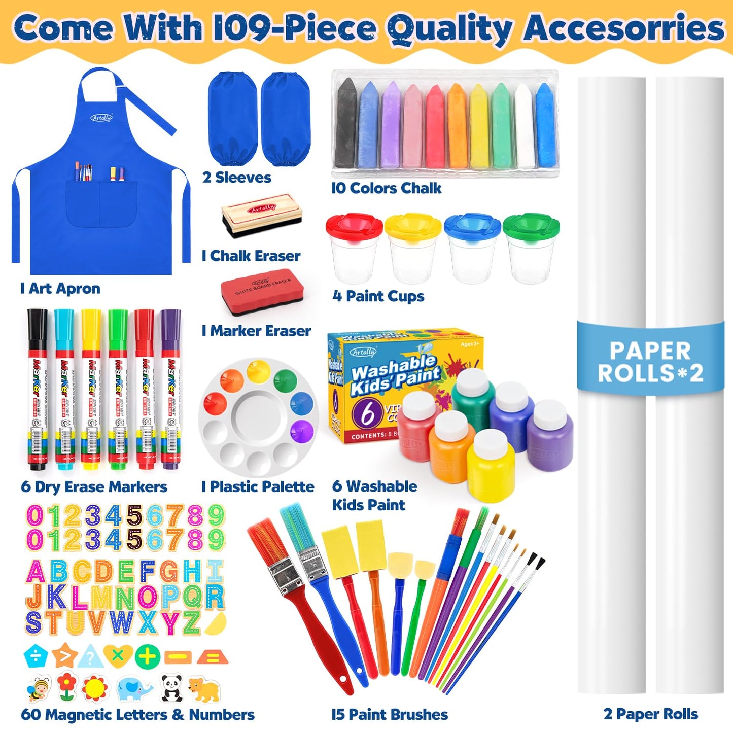 Art Easel for Toddlers Kids, Adjustable Standing Art Easel with Magnetic Chalkboard & Whiteboard, Dry-Erase Board, Paper Roll, Drawing & Painting Easel for Kids Ages 3 4-8 9-12, Blue w/Bag