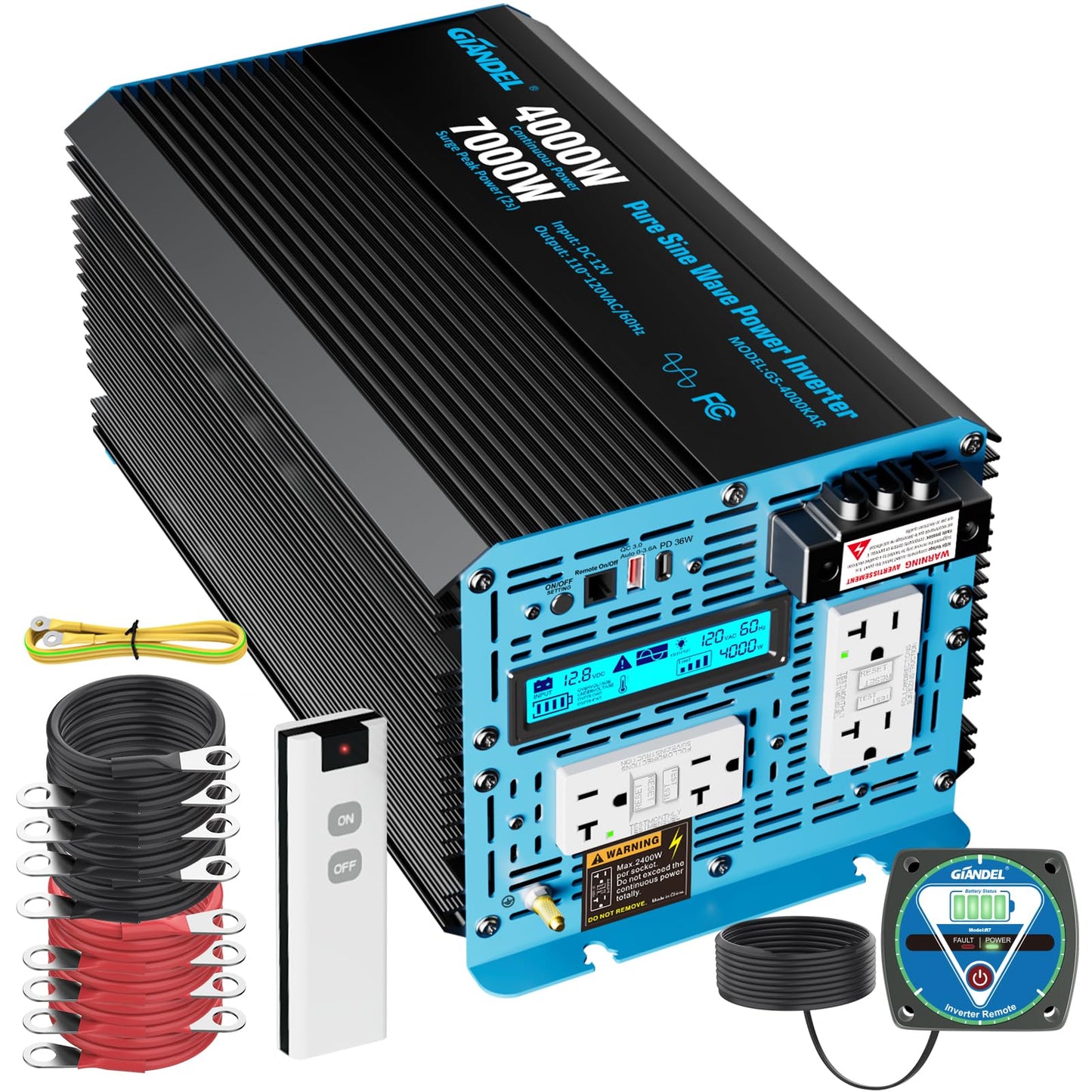 Giandel 4000W Pure Sine Wave Power Inverter 12V To 120V Ac,7000W Surge,Compatible With All 12V Batteries,Dual Remote Control,Ul