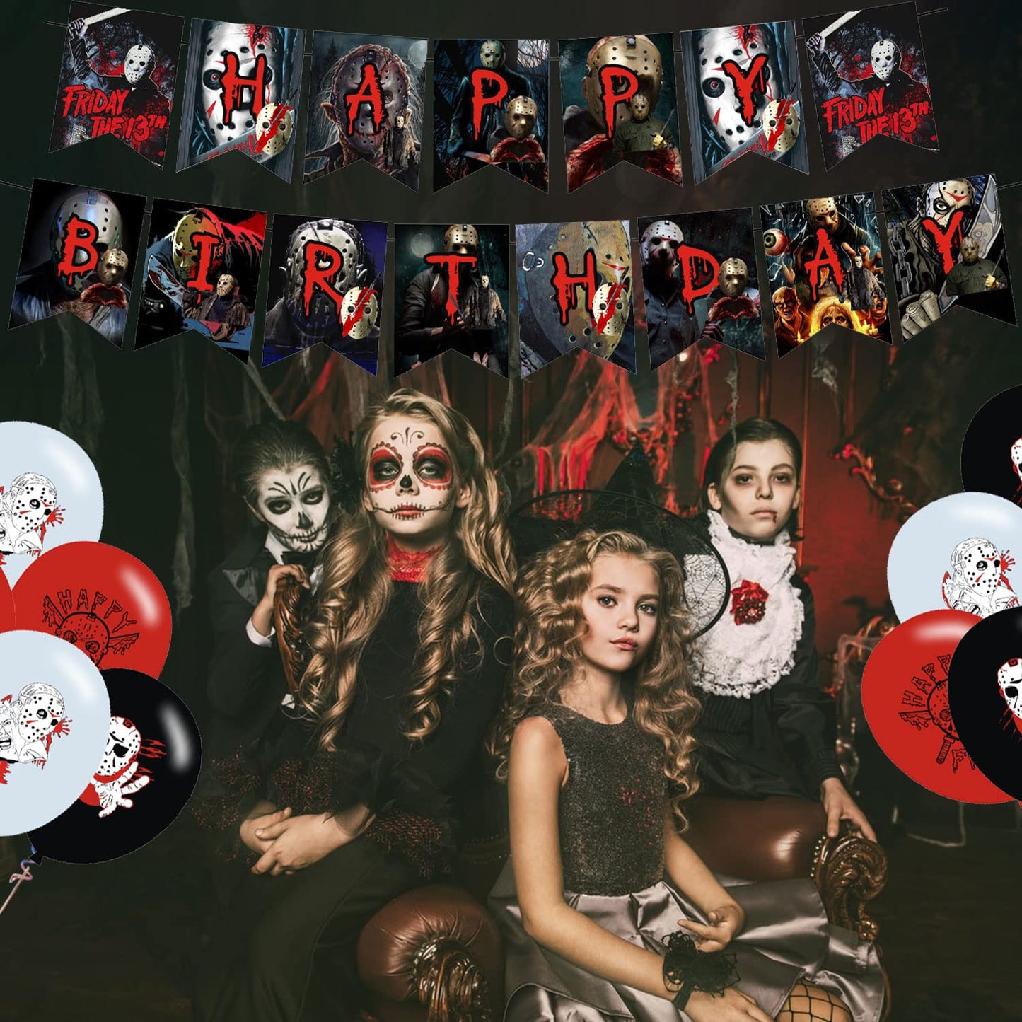 Party Decorations,Birthday Party Supplies for Horror Movie Party Supplies Includes Banner - Cake Topper - 12 Cupcake Toppers - 18 Balloons