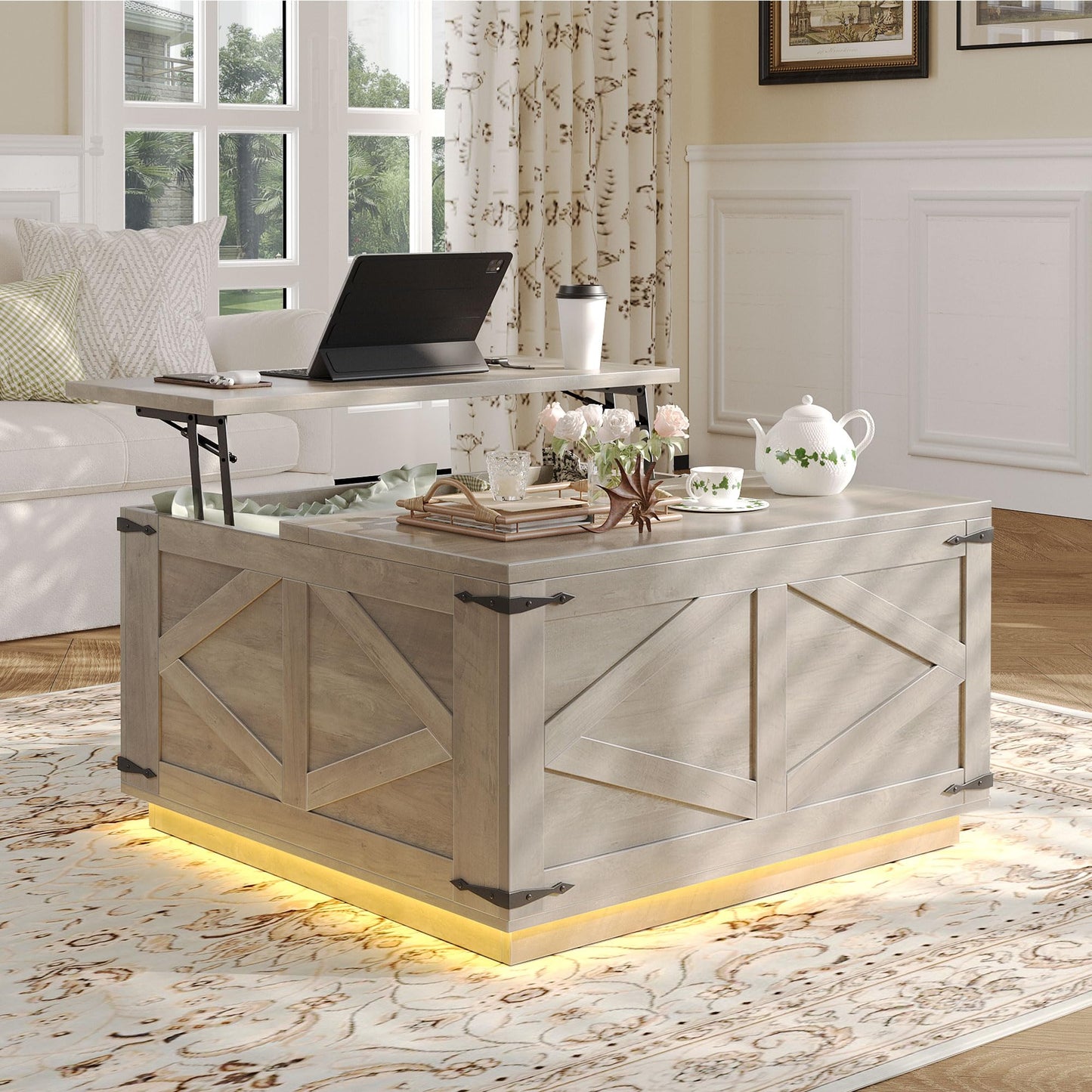 Jocoevol Farmhouse Lift Top Coffee Table, Square Wood Center Table with LED Lighting, USB-C Charging Station, and Hidden Storage Compartment - Rustic Grey Living Room Furniture