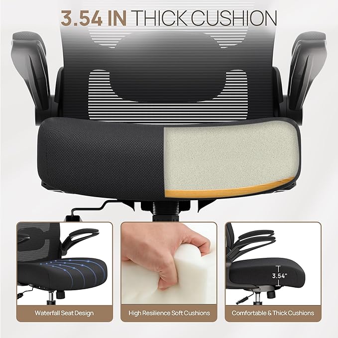 Mimoglad Ergonomic Office Chair - BIFMA Certified, Flip-up Armrests & 135° Recline, Adjustable Lumbar Support - Space-Saving Task Chair for Business/Team Office & Home (Black, 350lbs)
