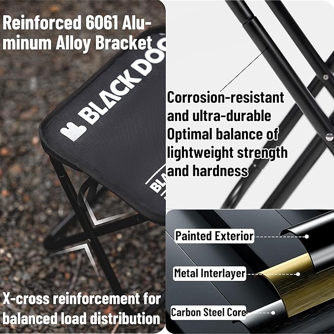 windhike Blackdog 11in Ultralight Camping Folding Stool - 0.7lb Compact Camping Chair, 265lb Capacity Aluminum Alloy X-Frame for Hiking, Fishing BBQ Portable Small Stool for Adults (Pro - Black)