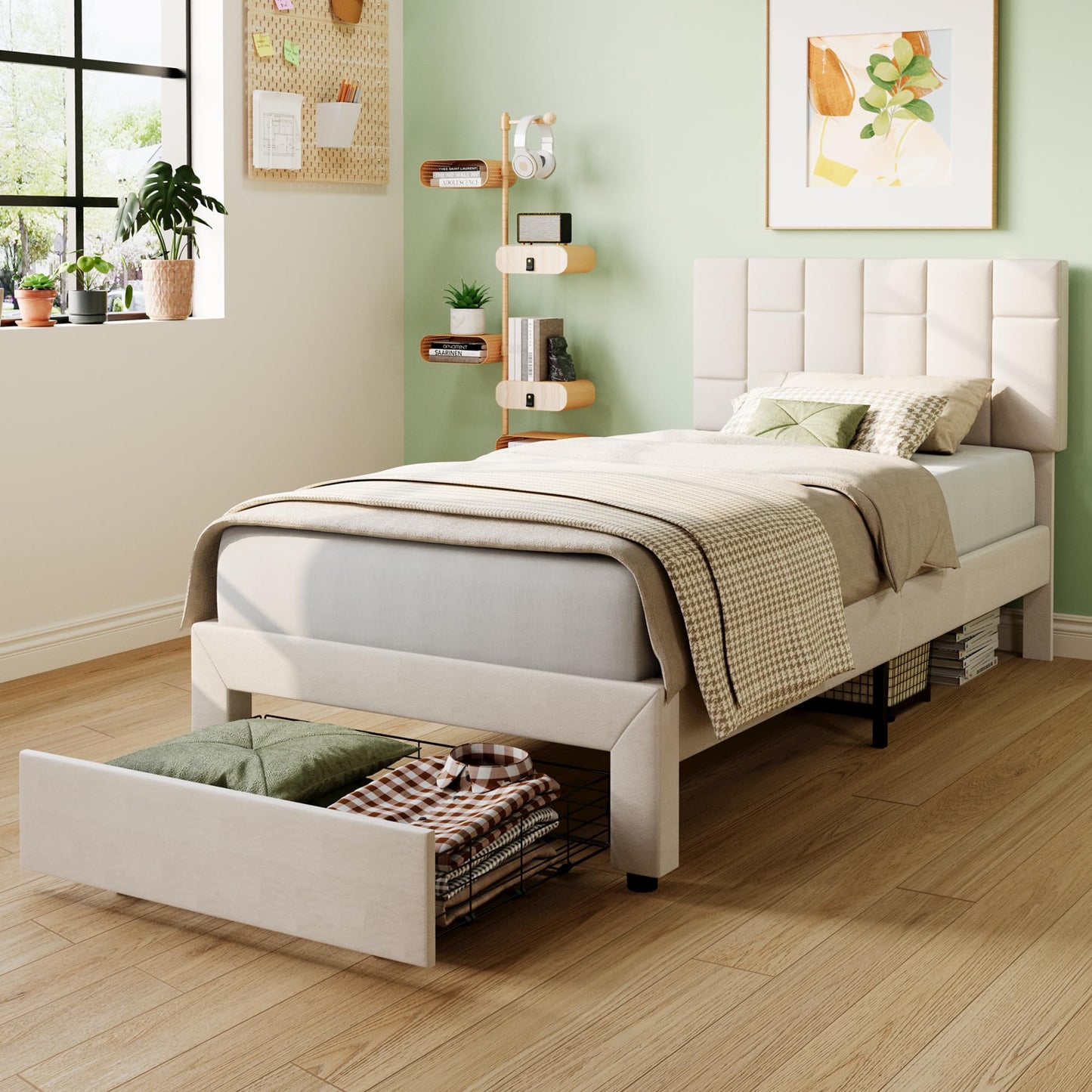 LIKIMIO Twin XL Bed Frame with Under-Bed Drawer, Platform Upholstered Bed with Headboard, No Box Spring Needed/Noise-Free, Beige