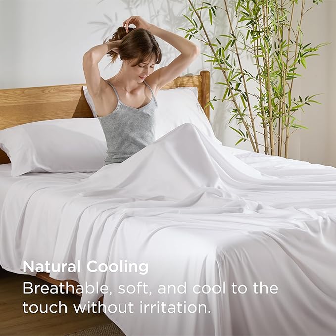 Bedsure King Size Sheet Set, Cooling Sheets, Rayon Derived from Bamboo, Deep Pocket Up to 16", Breathable & Soft, Bed Sheets, Hotel Luxury Silky Bedding for Hot Sleepers, White