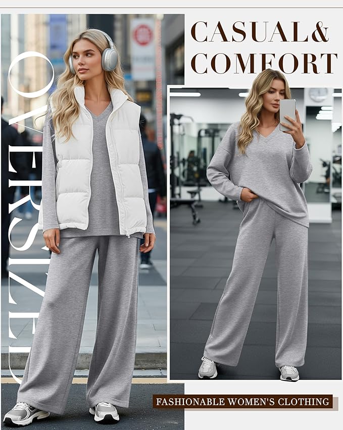 JoyMotion 2 Piece Women's Sweatsuit, V Neck Oversized Tracksuit Wide Leg Pant Fall Lounge Set Long Sleeve Sweatshirts Outfit