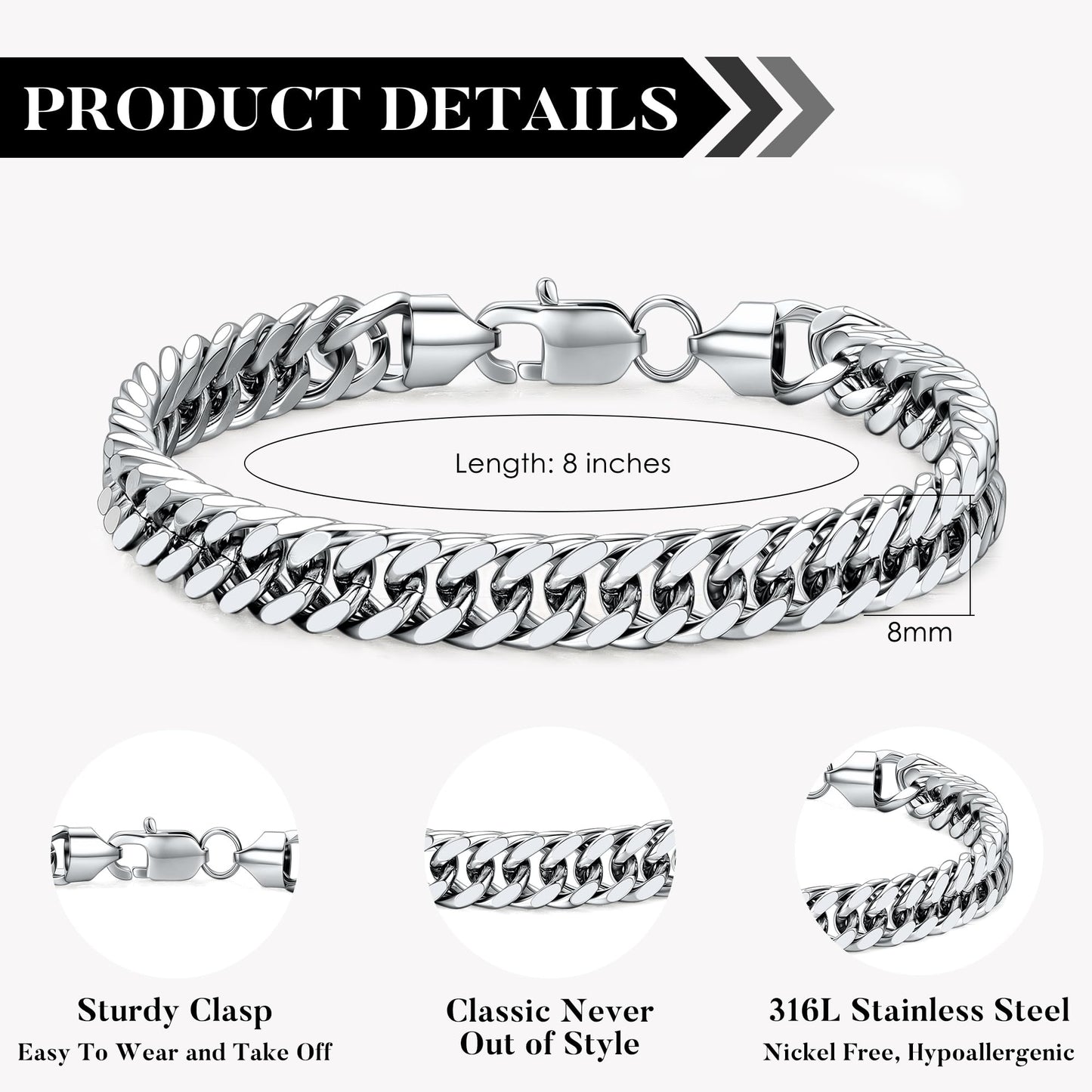 IEFLIFE Gifts for Husband - Gifts for Him Men from Wife, Anniversary Birthday Gift Bracelet for Husband from Wife, 8mm Stainless Steel Mens Silver Cuban Link Chain Bracelet Jewelry Gift