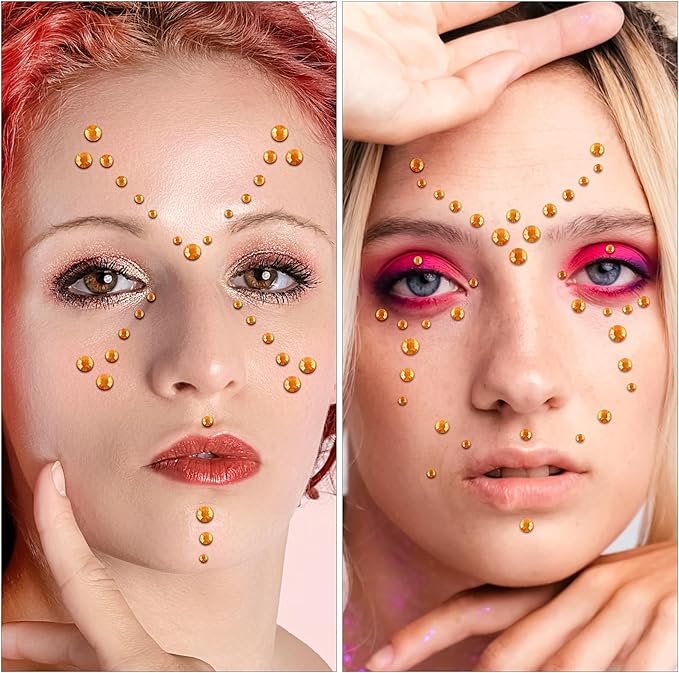591pcs Face Gems Hair Gems Pearls, Self-Adhesive Face Jewels Eye Rhinestones 3/4/5/6/8 mm Face Gem Stick on, Halloween Makeup Gems Rave Accessories for Face Eyes Body Makeup (06.Orange)