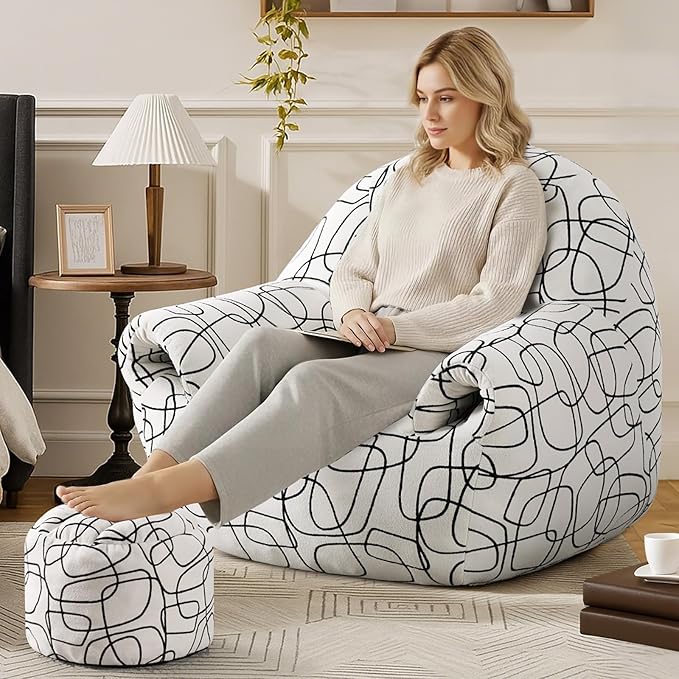 Peace nest Bean Bag Chair with Memory Foam Filled Ultra Soft Jacquard Pattern Cover for Adults Comfy Fur Bean Bag Chairs with Armrests Ottoman for Bedroom Living Room Office Dorm Reading Lines