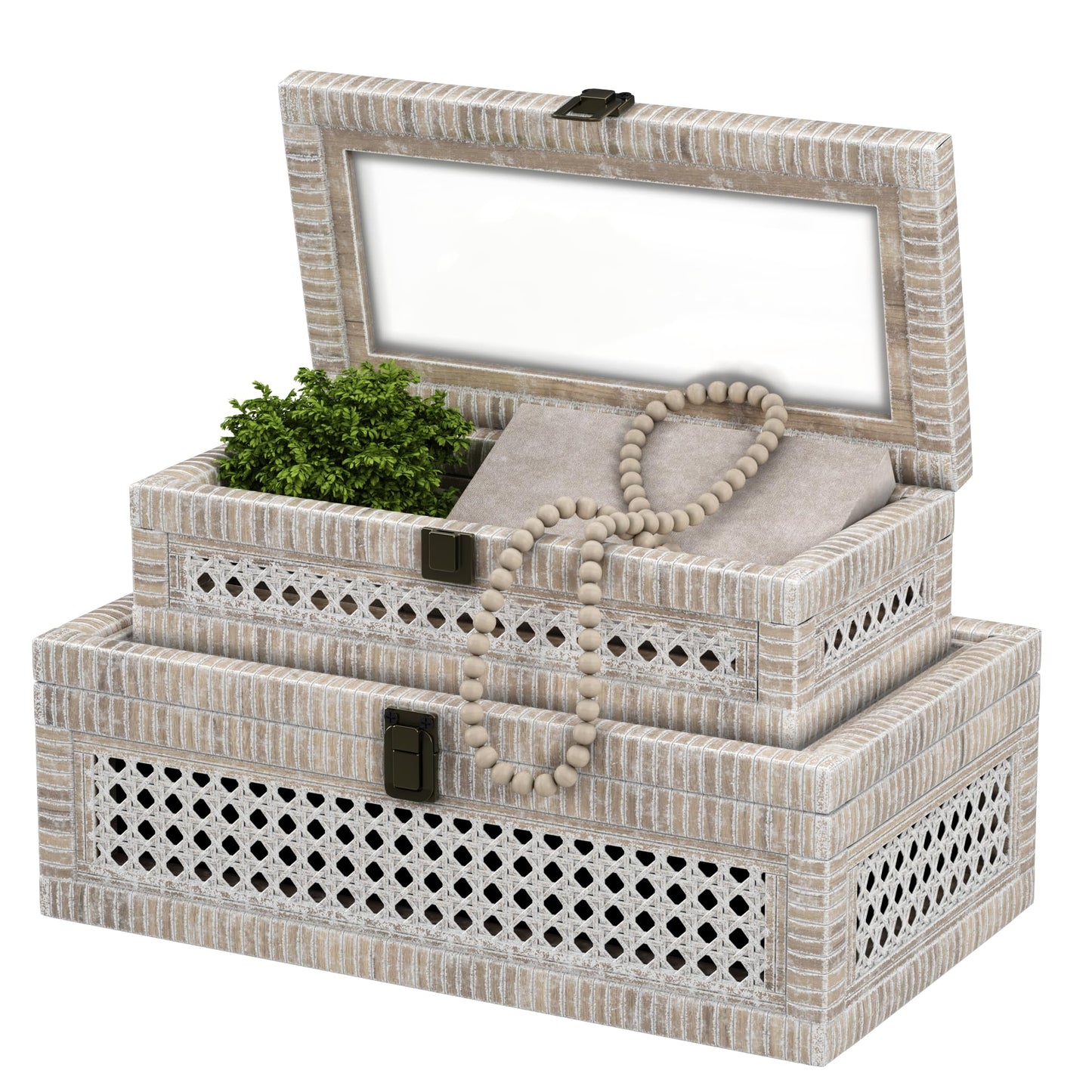 Fllamo Rattan Decorative Box,Boho Display Boxes with Lids,Set of 2 Rectangular Wicker Storage Decoration,Natural Woven Cane Bins for Home Decor for Rustic Farmhouse(White)