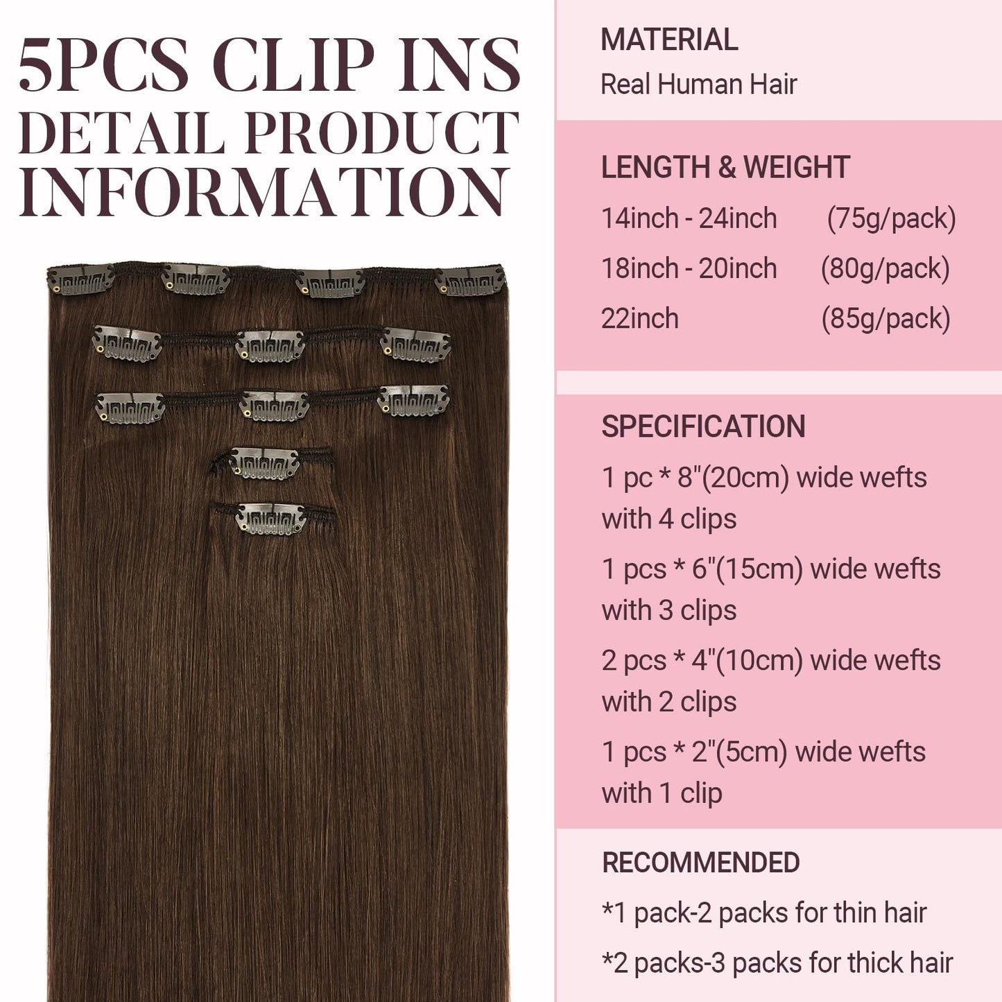 MAXITA Human Hair Clip in Extensions, Chocolate Brown 16 Inch 5pcs 75g, Remy Clip in Hair Extensions Real Human Hair Extensions