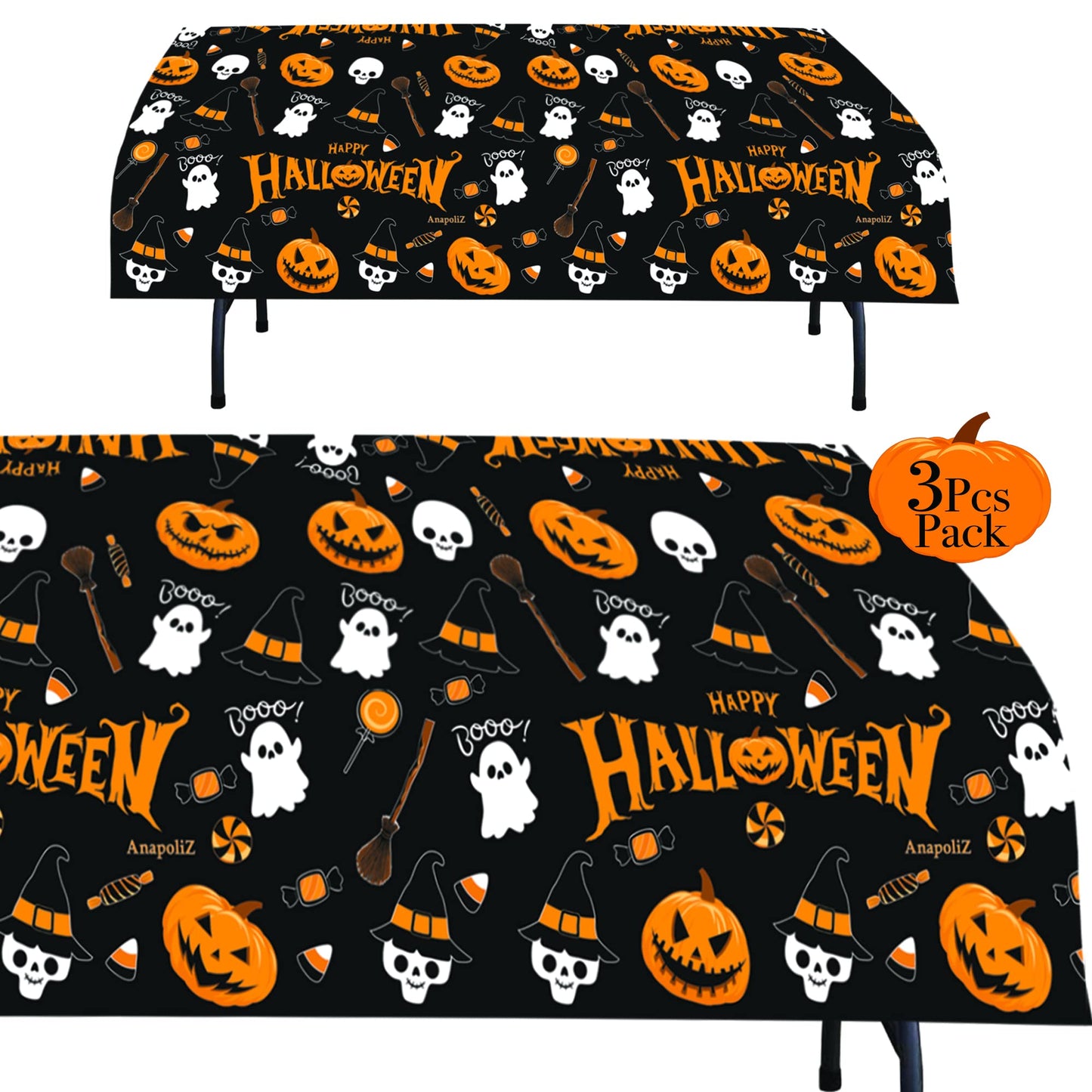 AnapoliZ Halloween Plastic Tablecloth | 3 Pcs Pack (54' x 102') | Rectangular Table Cover | Pumpkin, Witches Decoration | Party Tablecover