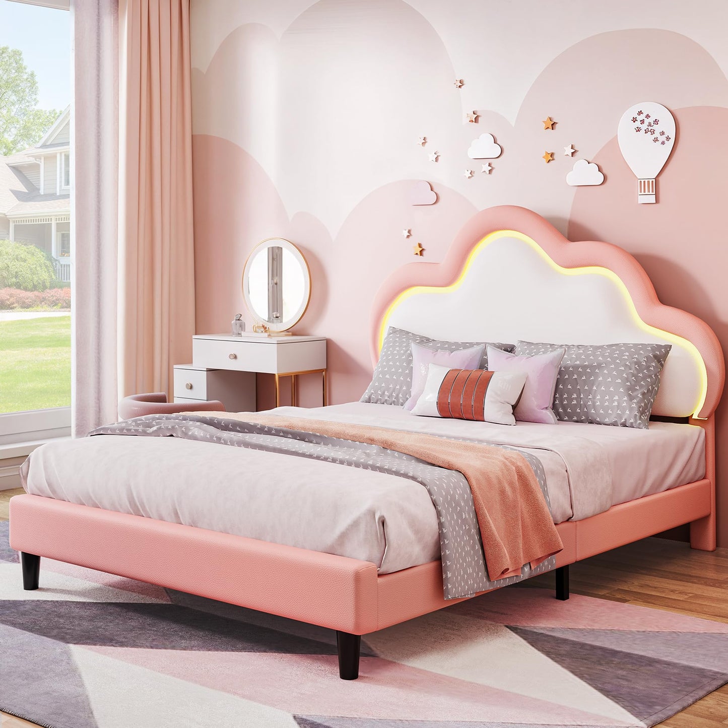 GOOBED Twin Size Bed Frame, Upholstered LED Bed Frame with Adjustable Cloud Headboard, Platform Bed Frame with Wooden Slats Support, No Box Spring Required, Easy Assembly, Pink