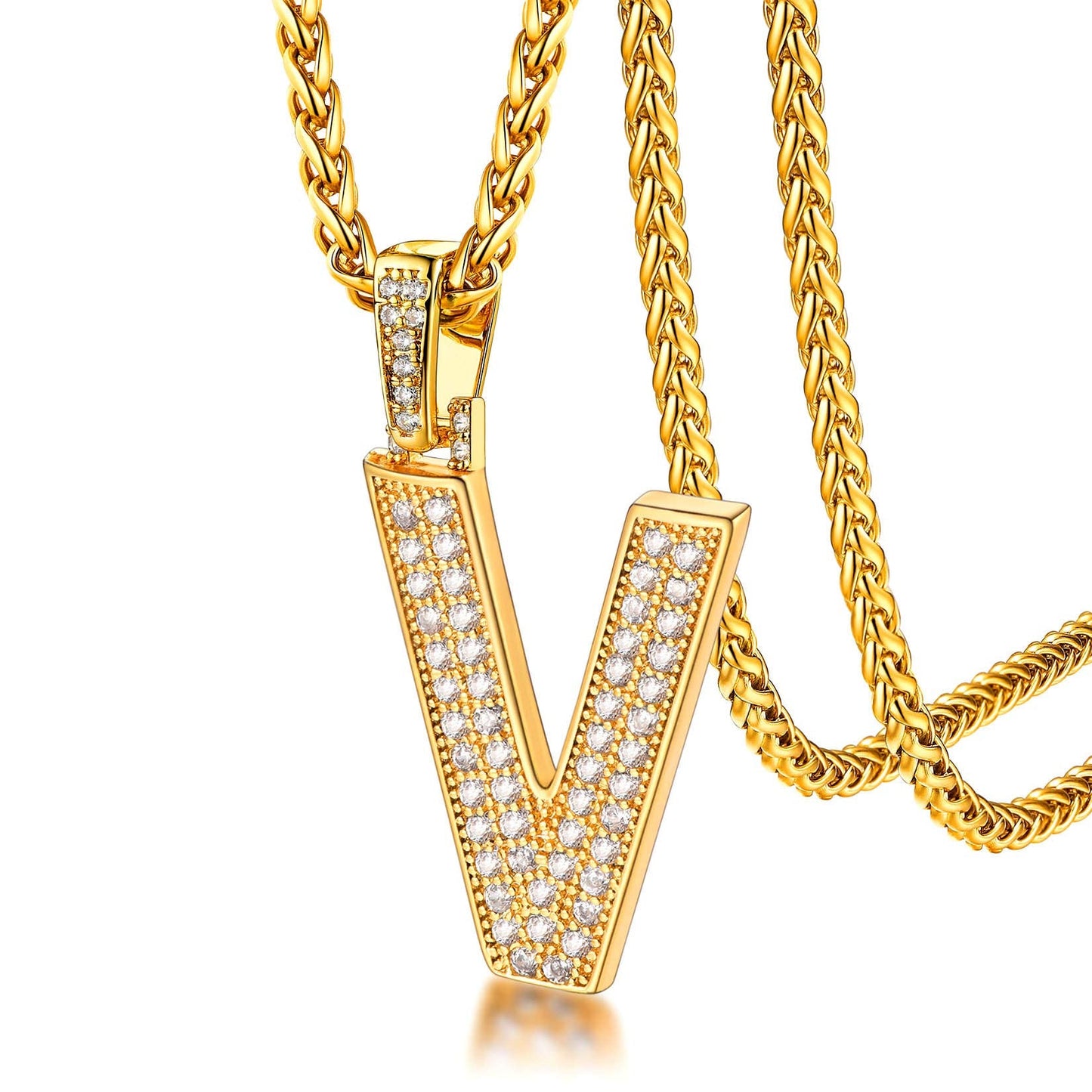 U7 Men 18K Gold Plated Bling Name Chain Full CZ Rapper Costume Jewelry Initial V Necklace