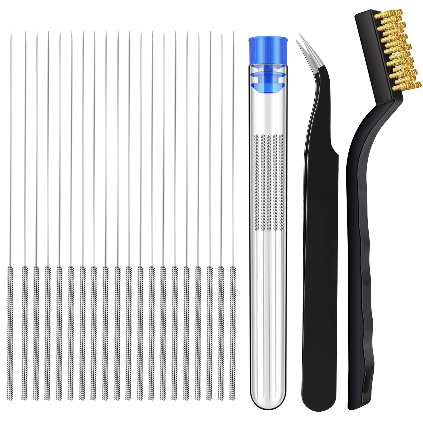 22PCS 3D Printer Nozzle Cleaning Kit, 3D Printer Cleaning Kit with 20x 0.4mm Stainless Steel Needles, 1 Precision Tweezer & Copper Wire Brush, Universal Clog Removal Tool for 3D Printers