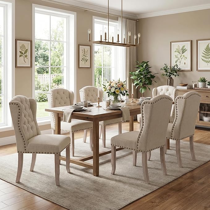 DUOMAY Modern Tufted Dining Chairs Set of 6, Linen Upholstered Dining Room Chairs Armless Guest Side Chair for Kitchen Dining Room, Wingback Accent Chairs with Solid Wood, Beige