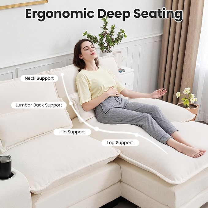 125" U Shaped Cloud Modular Sectional Couch for Living Room, Small Comfy Chenille Sofa with Double Chaise Lounge, Storage Central Console, Cup Holders, USB Port,Beige
