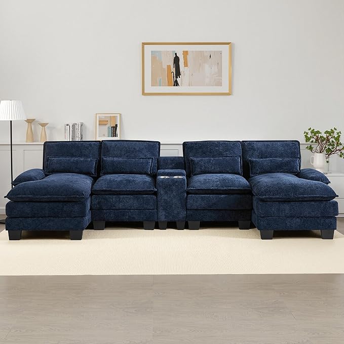 125" U Shaped Cloud Modular Sectional Couch for Living Room, Small Comfy Sherpa Sofa with Double Chaise Lounge, Storage Central Console, Cup Holders, USB Port, Navy