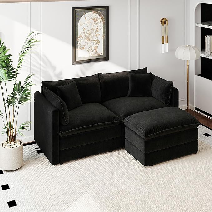 Aoowow Modular Sectional Sofa Modern Convertible Loveseat Couch,77.16 Inch Deep 2-Seater Sofas Comfy Chenille Cloud Sofas and Couches Set with Movable Ottoman for Living Room Apartment（Black）