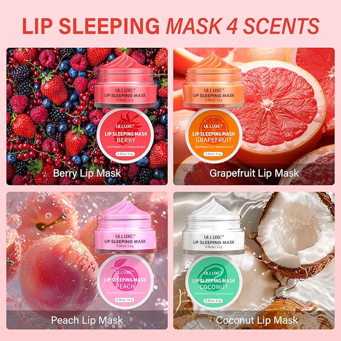 Lip Mask Set 4 Pcs, Overnight Lip Sleeping Mask with Shea Butter, Hyaluronic Acid & Vitamin C Nourishes Hydrates Dry, Flaky Lips, Moisturizing Lip Repair Balm & Butter, Lip Care Gift for Women