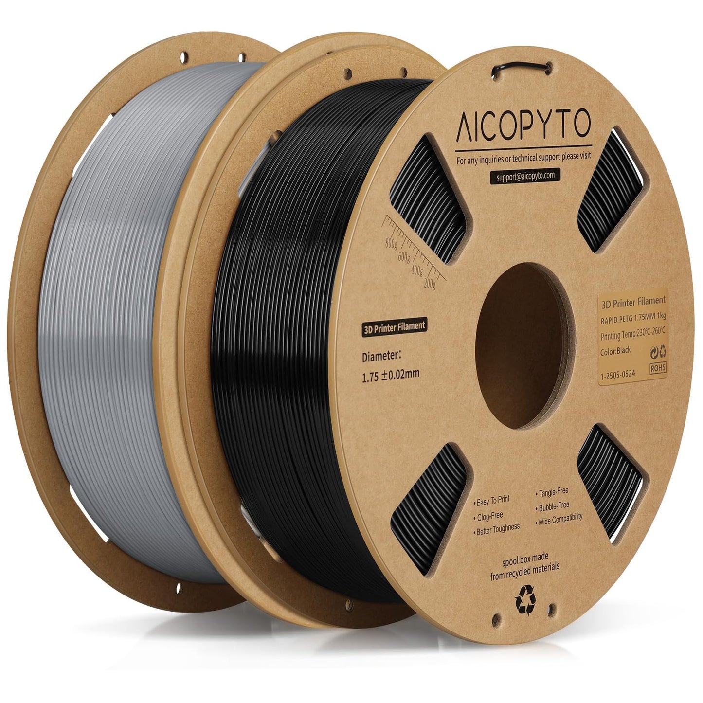AICOPYTO Rapid PETG Filament 2KG Black&Grey, High Speed 30-600mm/s 3D Printer Filament PETG 1.75mm Dimensional Accuracy +/- 0.02