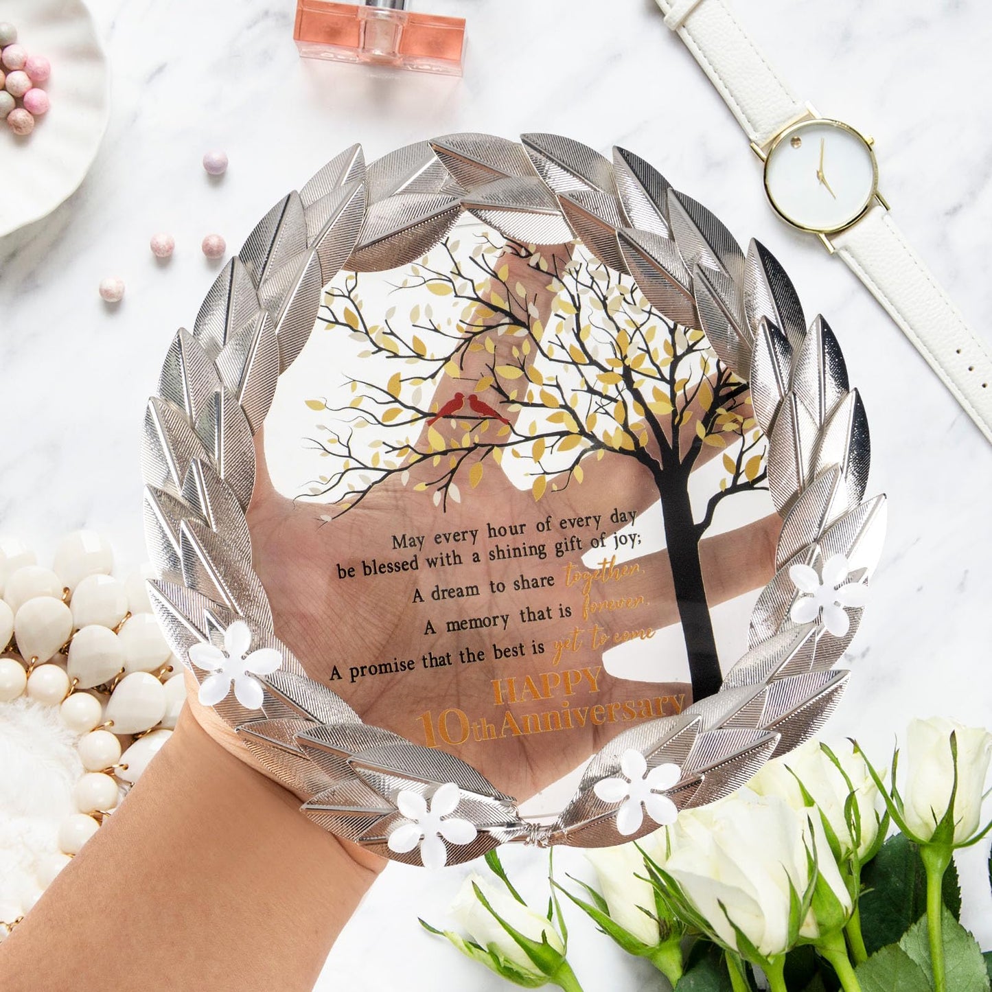 10th Anniversary Wedding Gifts Crystal Plate with Tin Leaf Wreath - 10 Years Anniversary Wedding Unique Gifts Ideas for Parents Couple - Cardinal Style
