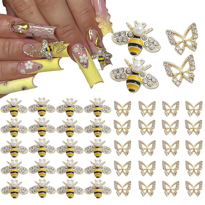 40 Pcs Nail Charms Set With 20 Alloy Bees & 20 Butterflies for Women & Girls DIY Craft