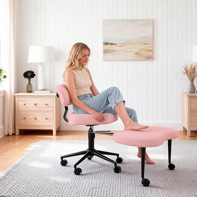 DUMOS Ergonomic ADHD Cross Legged Office Desk Chair with Adjustable Backrest, Height Adjustbale Meditation Chair with 360° Swivel Footstool, Teddy Fabric Yoga Stool for Home Office, Pink
