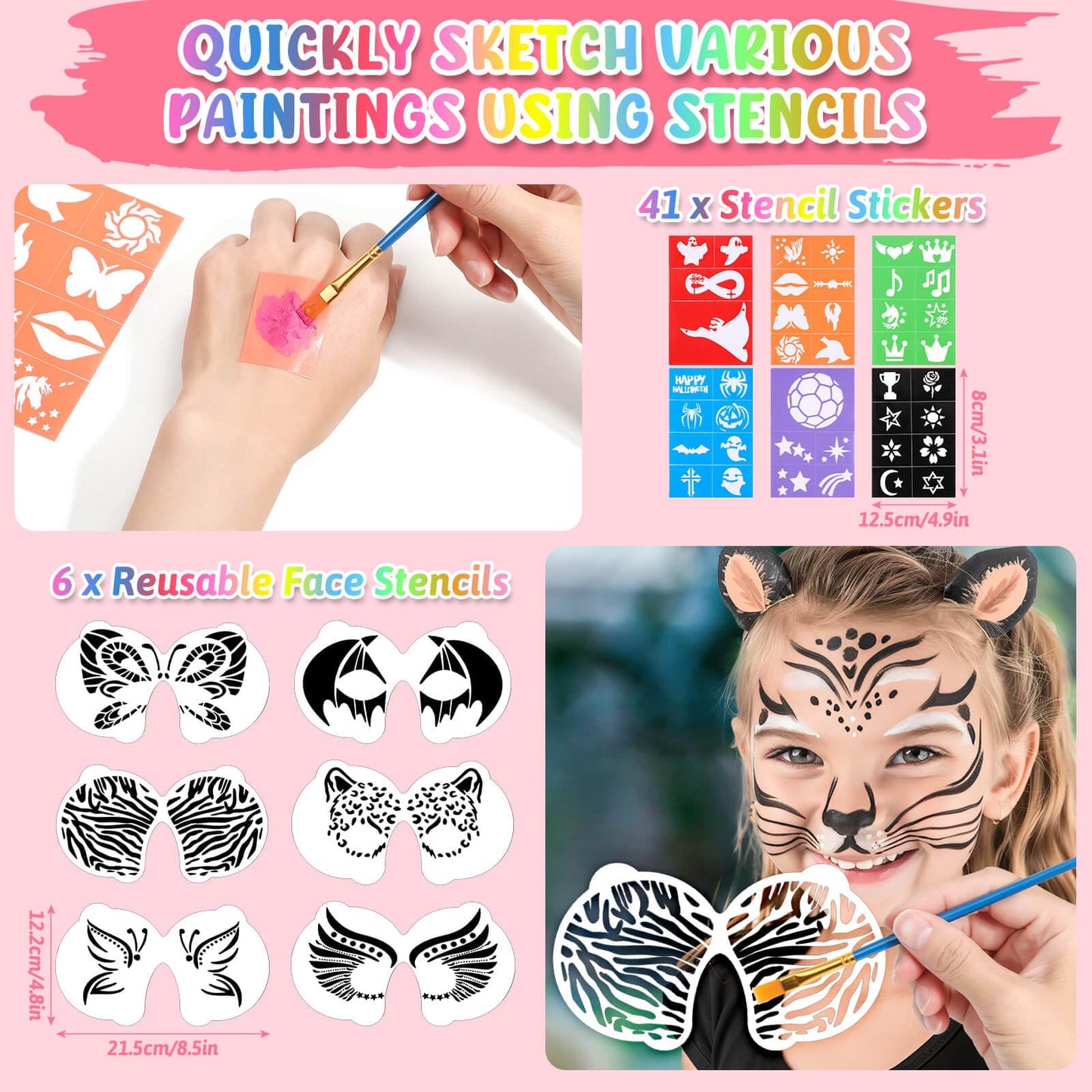 Professional Face Painting Kit, 26 Colors Oil Palette Face Paint with 6 Stencils, 41 Stencil Stickers, 10 Brushes, 9 Body Glitter, 2 Sheets Adhesive Gems, Rainbow Facepaint for Kids Party & Halloween