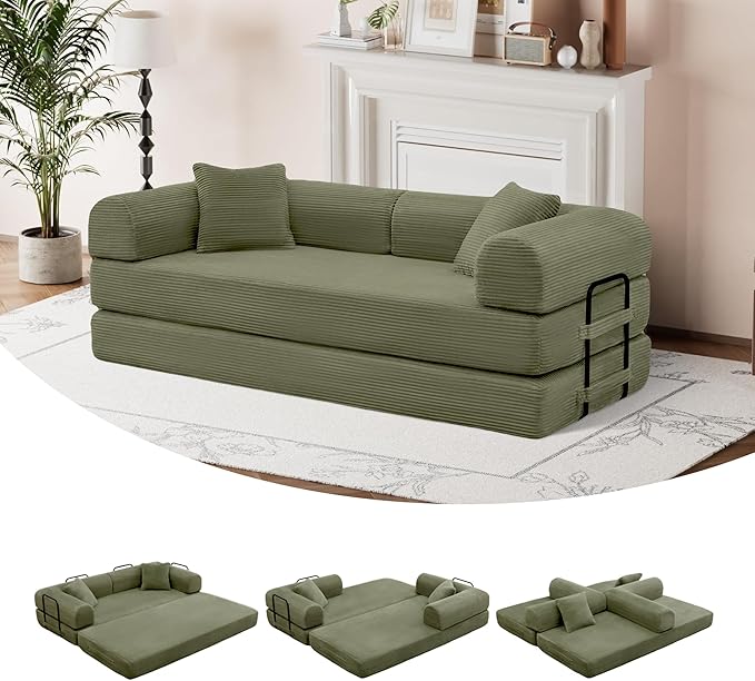 ZQRhome 79" 5-in-1 Convertible Sofa Bed, Luxe Comfort Sleeper with Sturdy Frame, No Assembly Corduroy Couch for Living Room, Apartment & Relaxation, Light Green