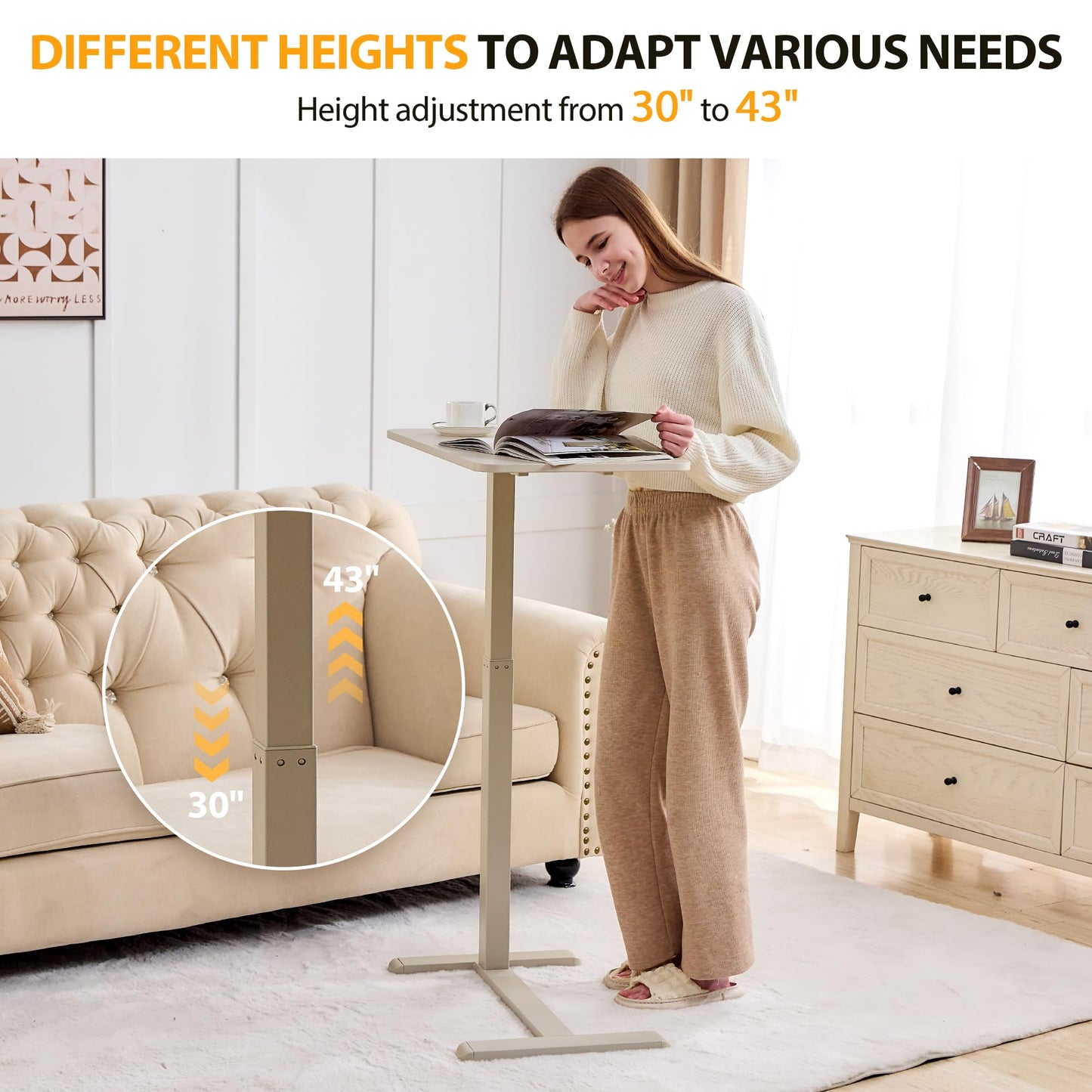 JYouHome Height Adjustable Overbed Table with Hidden Wheels, Mobile Standing Desk Hospital Bed Table Laptop Bedside Sofa Side Table, 16" D x 28" W Multi-Purpose Rolling Overbed Table, Greyish White