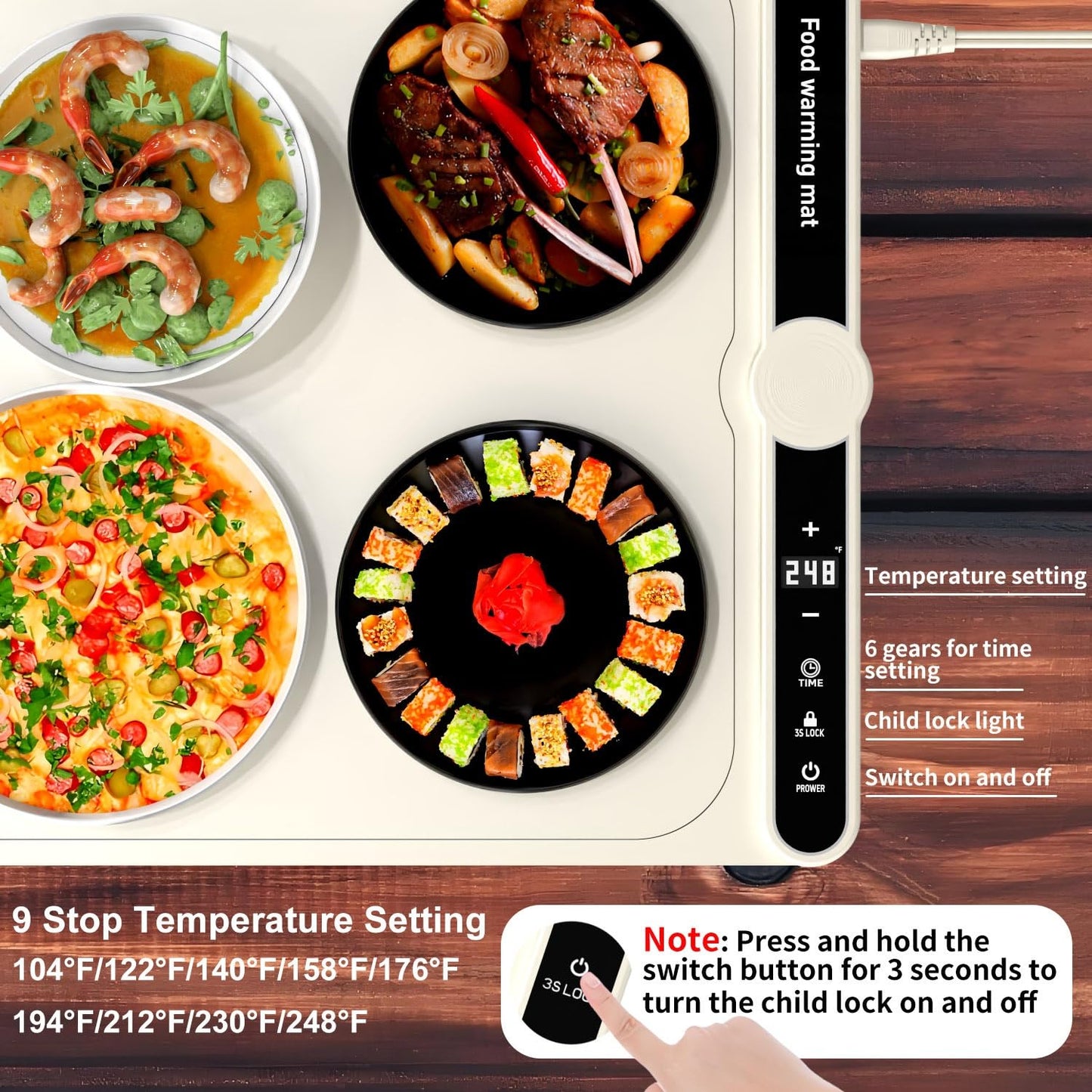 Food Warming Mat, Food Warming Mat Electric, 9 Temp Levels, Timer, Waterproof, Heat Insulating, Dishwasher-Safe, for Buffet, Food Warmers for Parties Buffet,Portable Heating Pad