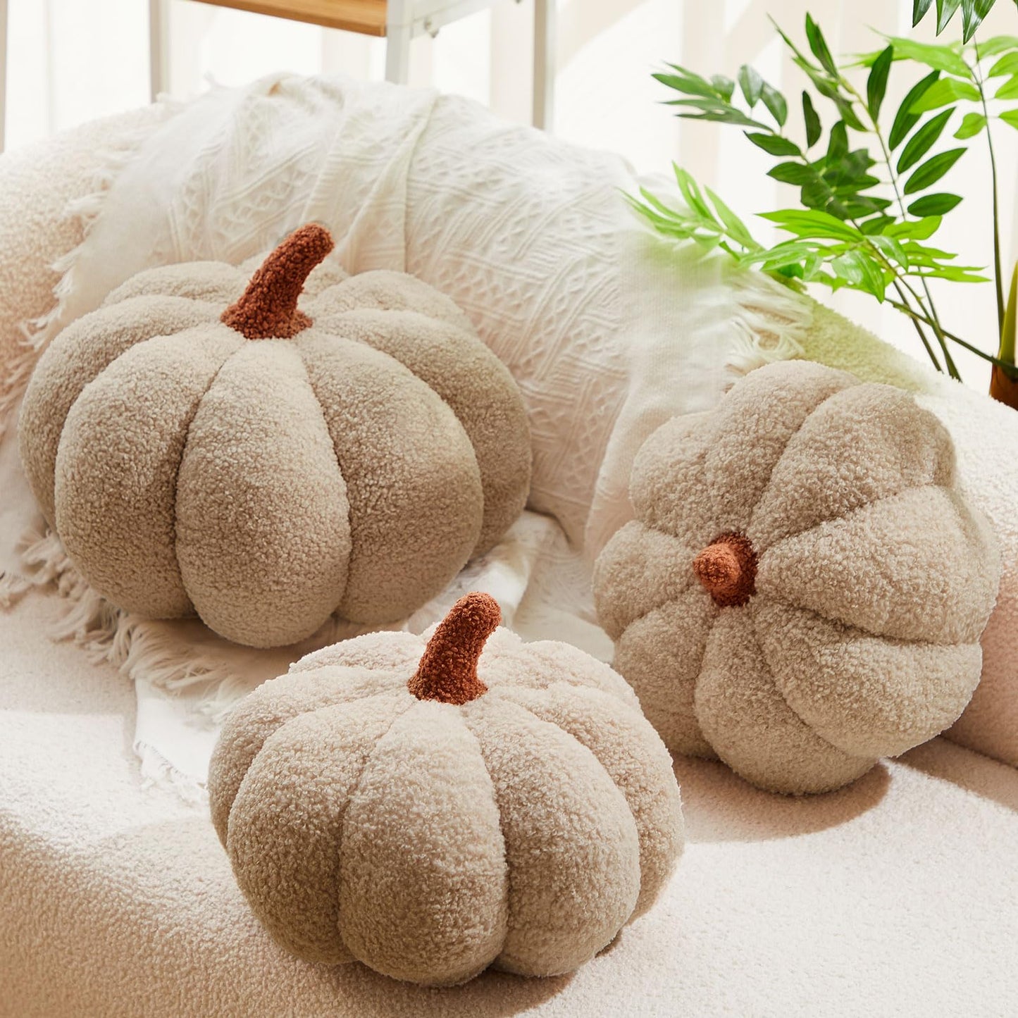 Juexica 3 Pcs Stuffed Pumpkin Pillow Fluffy Plush 3D Pumpkin Shaped Decoration Fall Thanksgiving Halloween Pillow Cushion Cute Soft Throw for Sofa Couch Supplies (Beige)