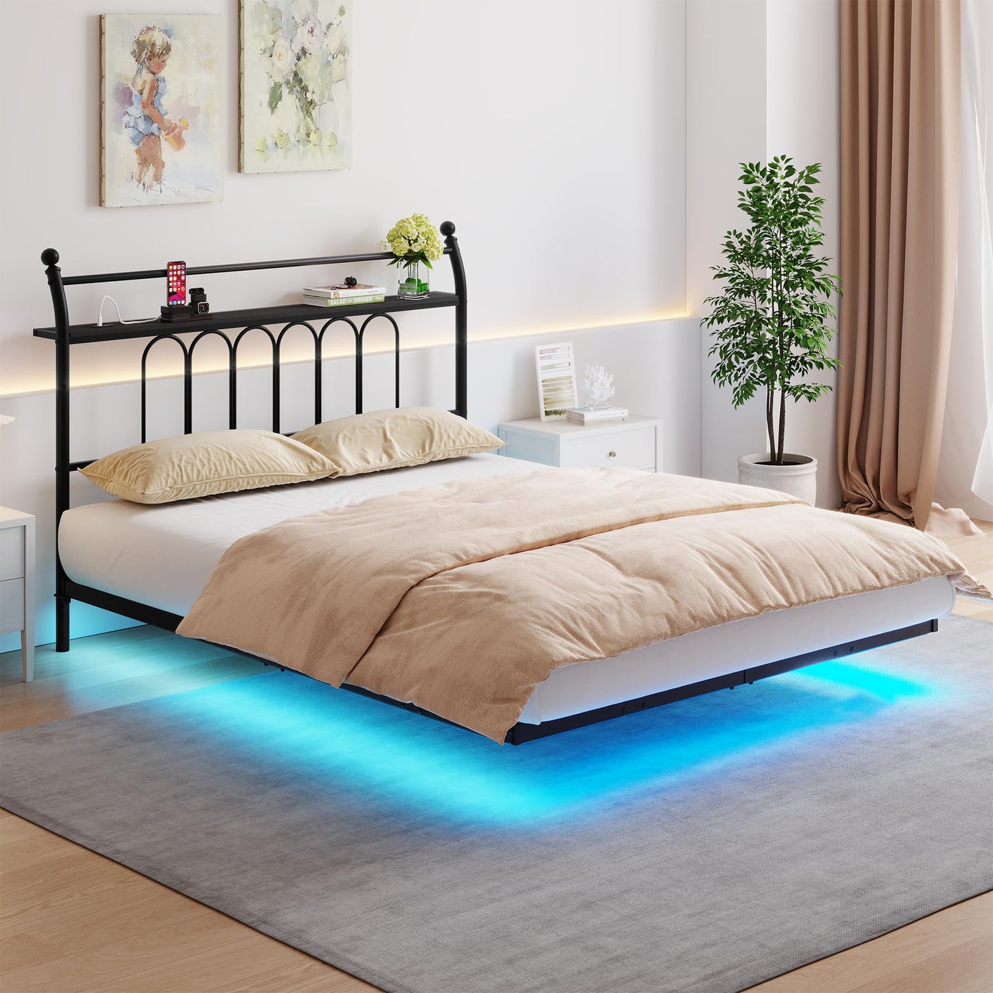 VERFARM Floating Double Bed Frame with USB Charging Station, LED Bed Frame with Wood Storage Headboard, Metal Platform Bed Frame Full Size, No Box Spring Needed, Steel Slat Support, Easy to Assemble
