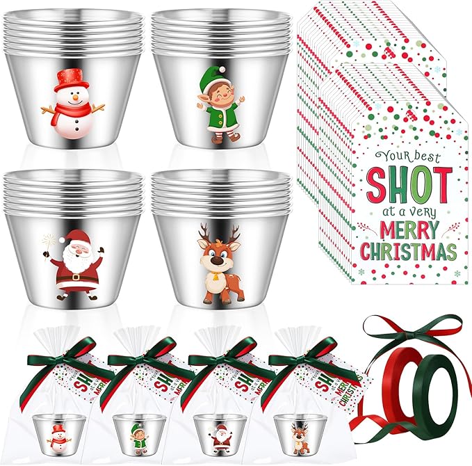Widecook 24 Set Christmas Party Favors for Adults 2 oz Christmas Shot Glasses Whiskey Drinking Shot Cups Xmas Stocking Stu...