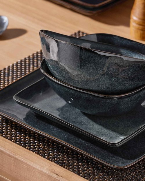 Famiware Dinnerware Sets for 4, Ocean Square 12-Piece Kitchen Plates and Bowls Sets, Reactive Glaze, Microwave and Dishwasher Safe, Scratch Resistant, Deep Forest