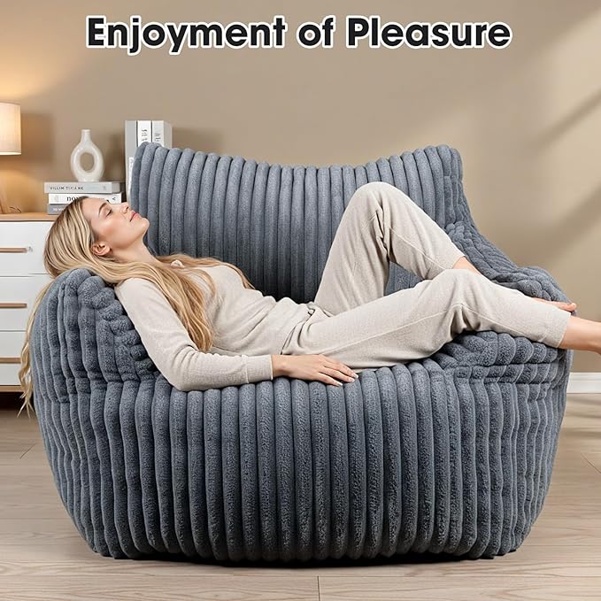Giant Bean Bag Chair for Adults, Oversized Memory Foam Bean Bag Sofa with Armrests, Large Comfy Fluffy Single Lounges Mini Couch for Living Room, Bedroom & Dorm(Gray)