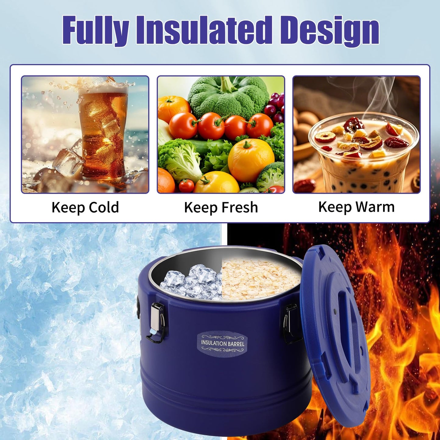 32QT Insulated Soup Container 7.9 Gallon Commercial Food Warmer for Hot&Cold Food, Hot Box for Catering, Food Cooler Soup Carrier for Restaurant, Canteen 6H Insulation Time (Blue)