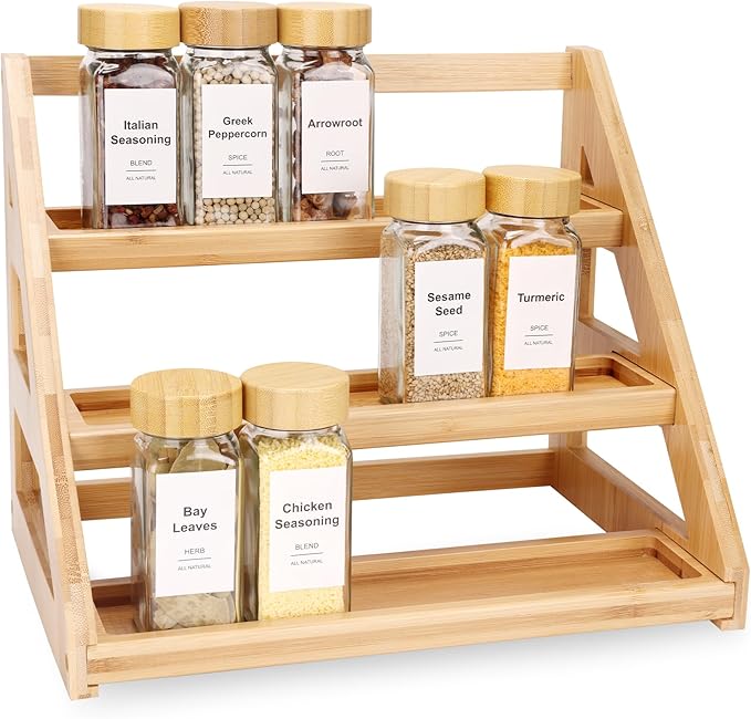 Spice Rack - 3-Tier Bamboo Spice Racks，Spice Rack Solves Cluttered Spices in Kitchens, Cabinets, Pantries, and More