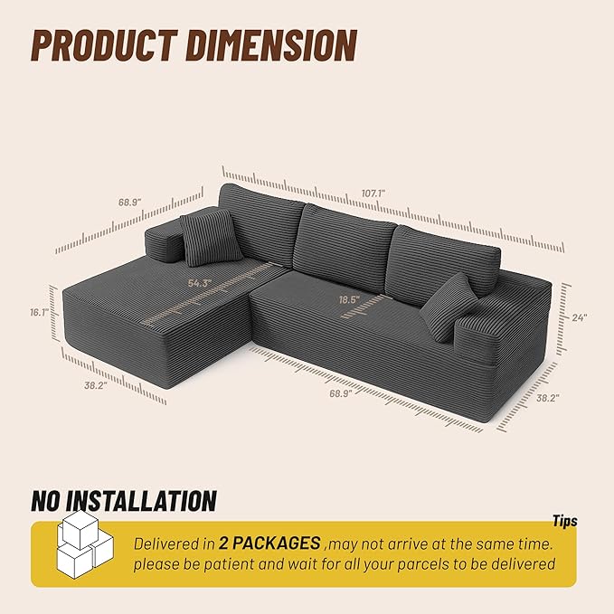 Afuson 107" Boneless Couch with Deep Seat, Modular Sectional Sofa, Cloud Sectional Couch for Living Room, No Assembly Required, Corduroy, L-Shape Left, Grey