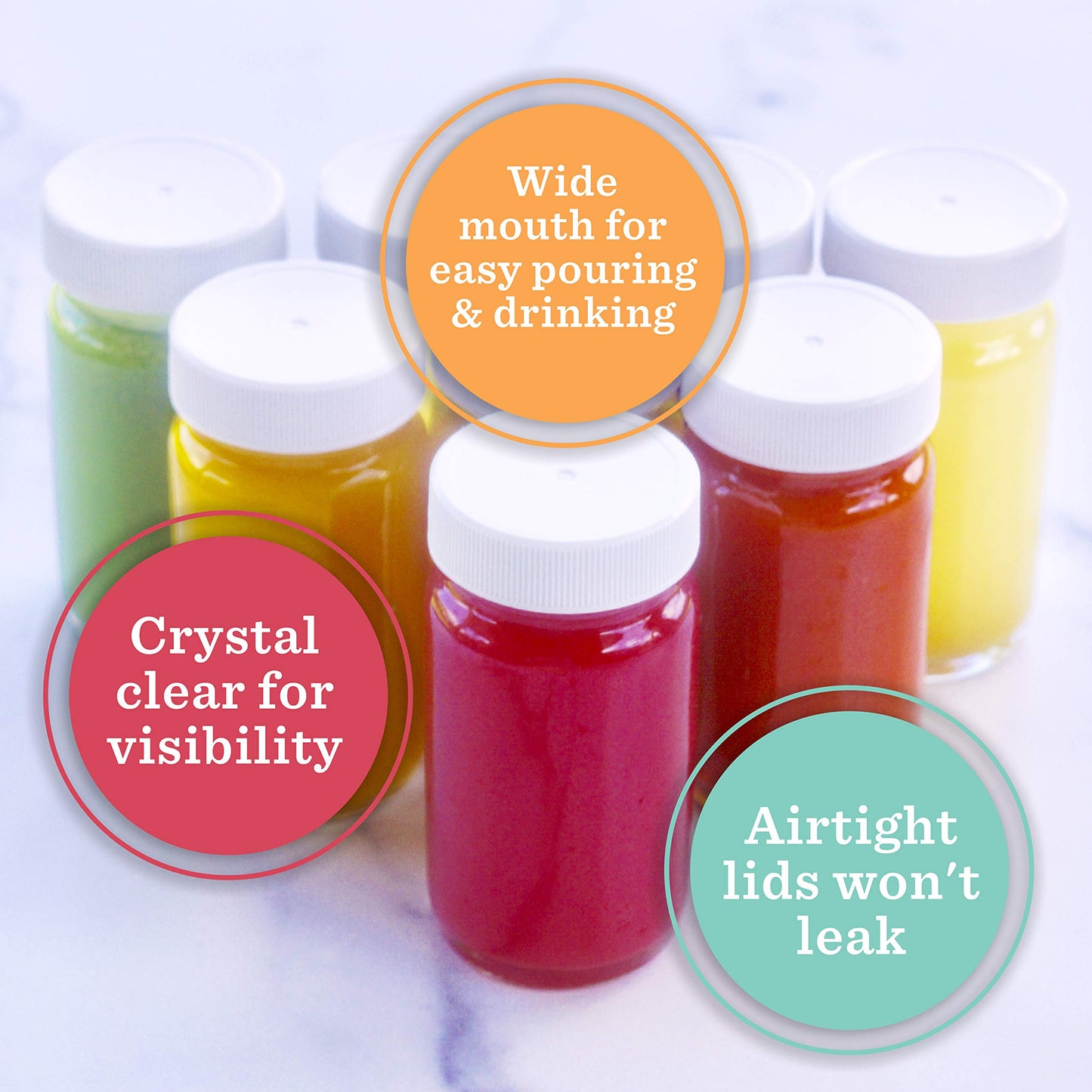 Juice Shot Bottles Set - Wide Mouth for Juicing, Beverage Storage, Liquids, 2 oz, Clear Small Glass Bottles with White Caps, Reusable, Leak Proof, Jars (8 pack)