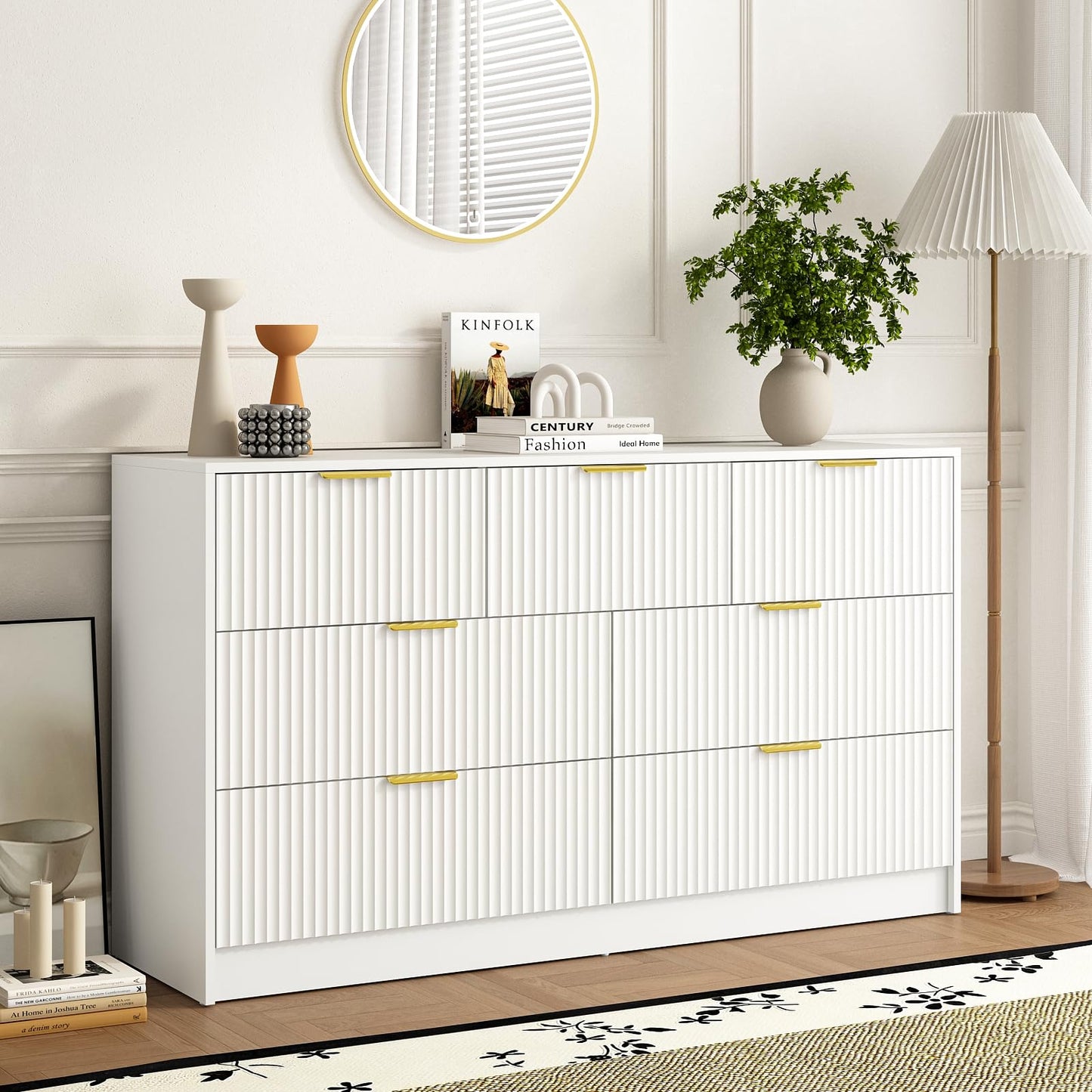 Sscaktu 7 Drawer Dresser and Nightstand Sets for Bedroom, 3 Pcs Bedroom Set，Night Stand Set of 2 & 7 Drawer Dresser with Gold Handles, Modern Wood Chest of Drawers Storage Cabinet Set, White