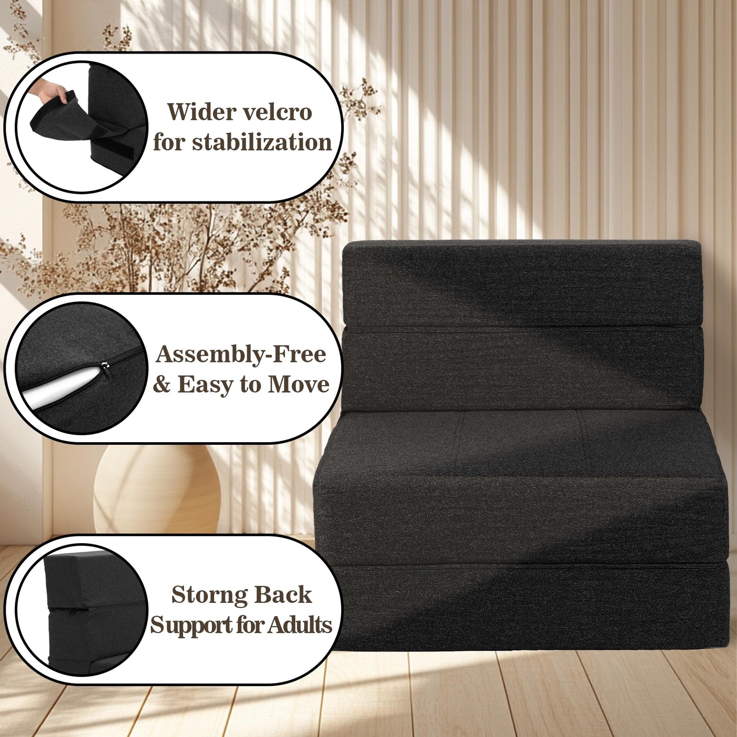 CATMIX Folding Sofa Bed, 7 inch Memory Foam Floor Couch, Convertible Sleeper Foldable Mattress Futon Sofa for Living Room/Home Office/Guest Beds/Apartment/Upstairs Loft, New Dark Gray, Single