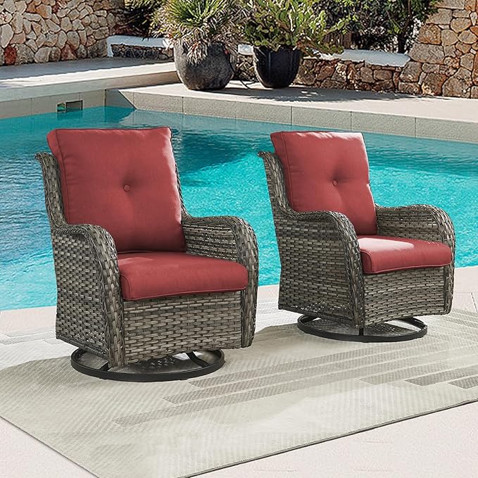 Rilyson Patio Chairs Wicker Outdoor Chair - 4 Piece Rattan Swivel Rocking Chairs Set Patio Glider Rocker Chair for Porch Deck Garden Backyard(Mixed Grey/Red)