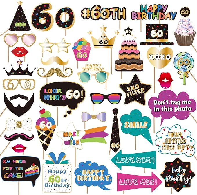 BRT Bearingshui 60th Birthday Party Photo Booth Props Accessories, 60th Happy Birthday Party Decorations Supplies Favors