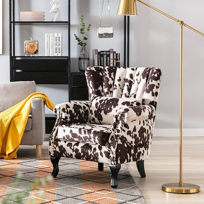 DM Furniture Cow Print Accent Chairs Set of 2 with Arm Comfy Velvet Living Room Chair Mid-Century Modern Wingback Side Chair Single Sofa Couch for Bedroom Guest Room