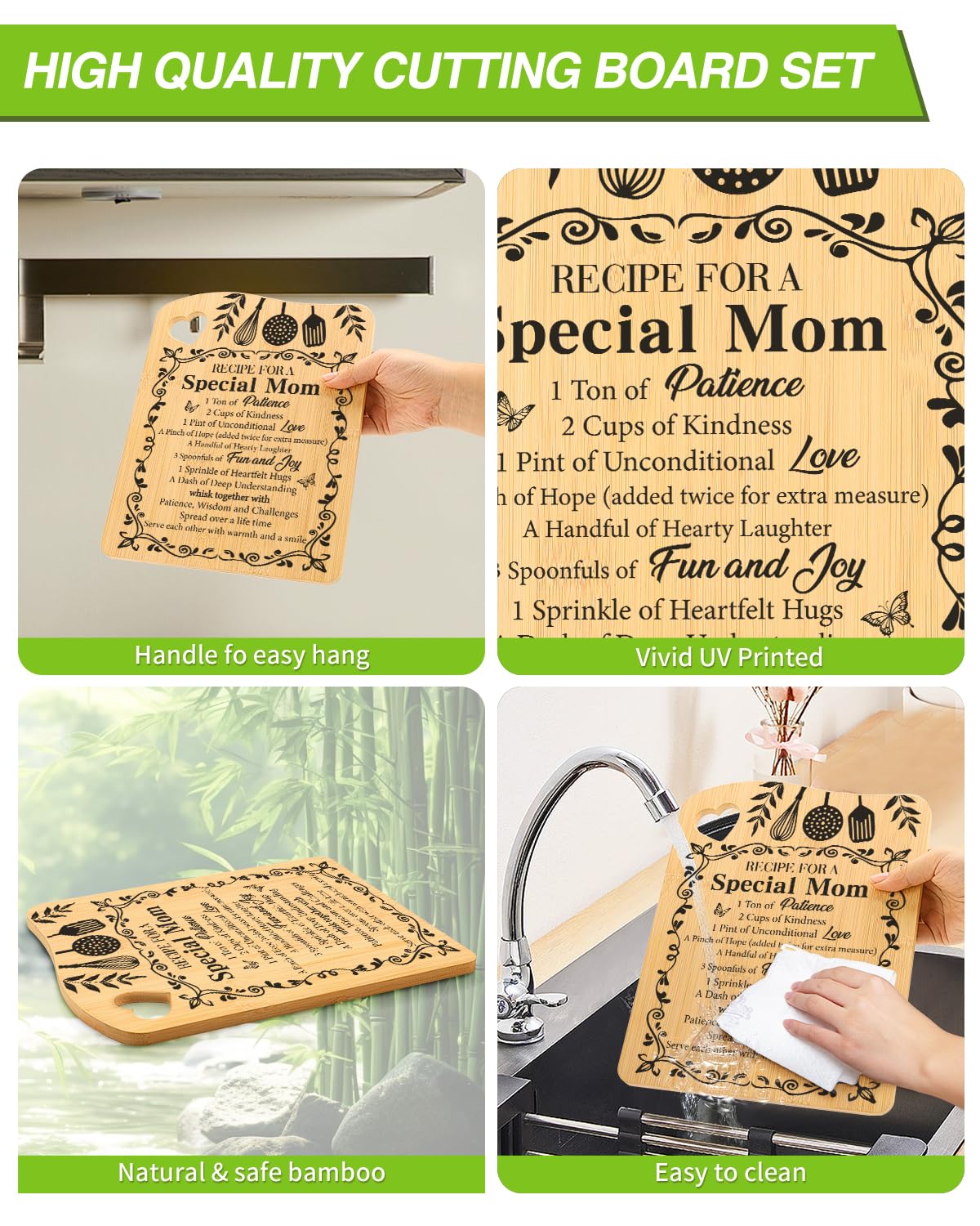 Aremdys Gifts for Mom,Popular Mom Birthday Gifts from Daughter Son Bamboo Cutting Board Set Best Mom Ever Gift Ideas for New Mom Step Mom,Recipe for Special Mom Chopping Board