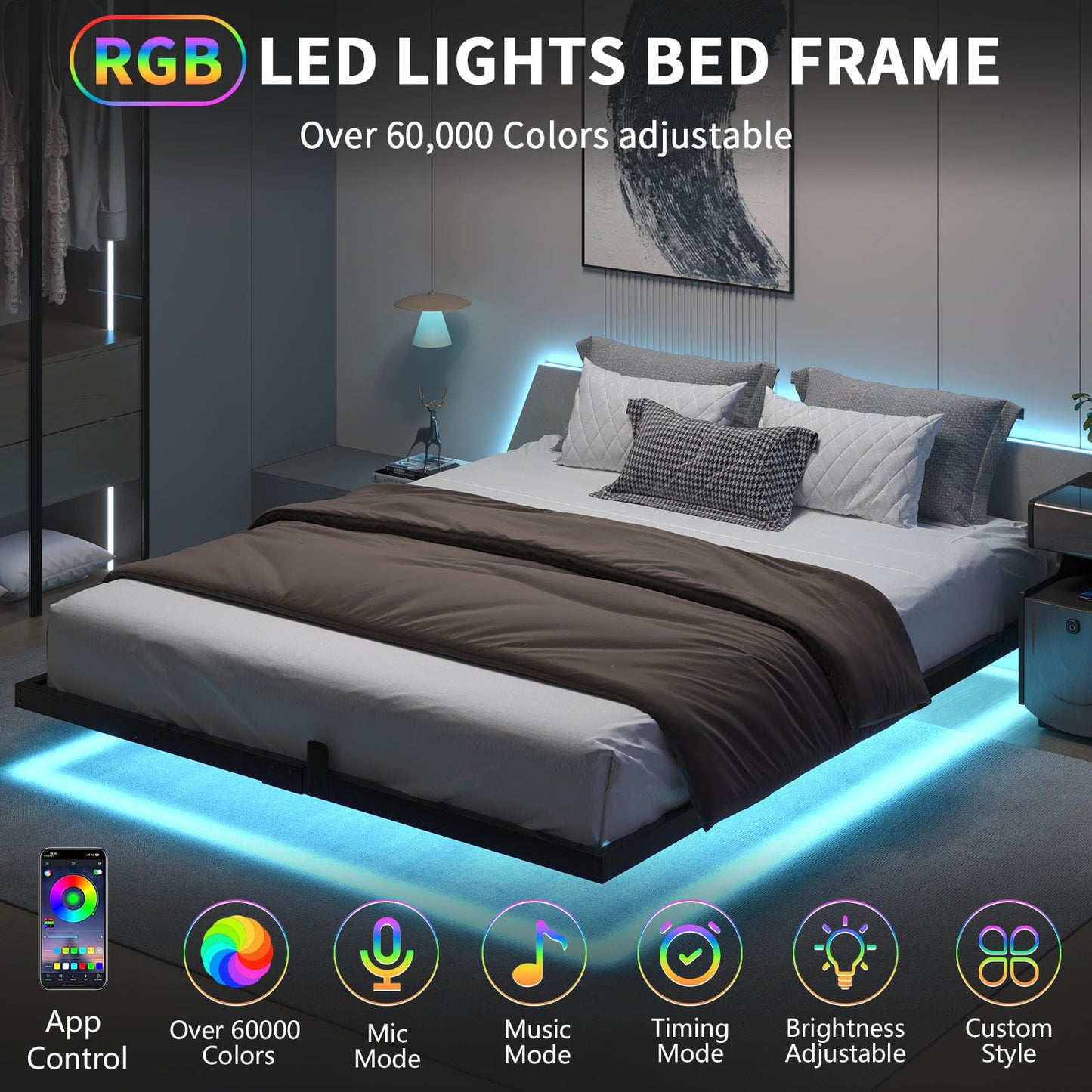 HOMBCK Floating Bed Frame King Size with Smart LED Lights, Modern Metal Platform, No Box Spring Needed/Easy to Assemble/Noise Free