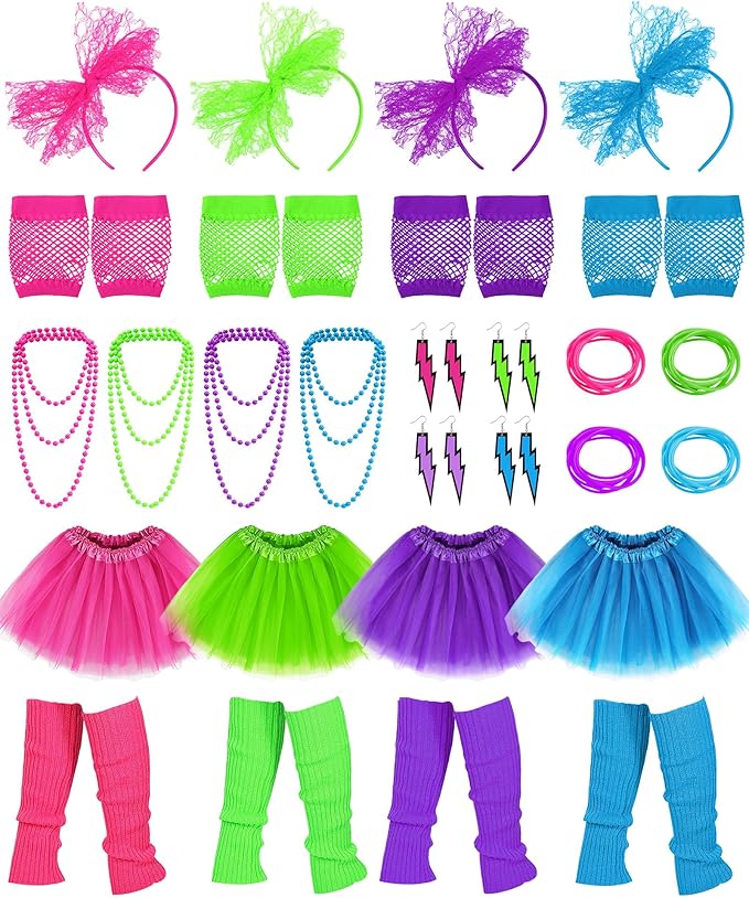 Panitay 28 Pcs 80s Costume Accessories for Women Gloves Necklaces Headbands Bracelets Socks Earrings Skirt for Halloween C...