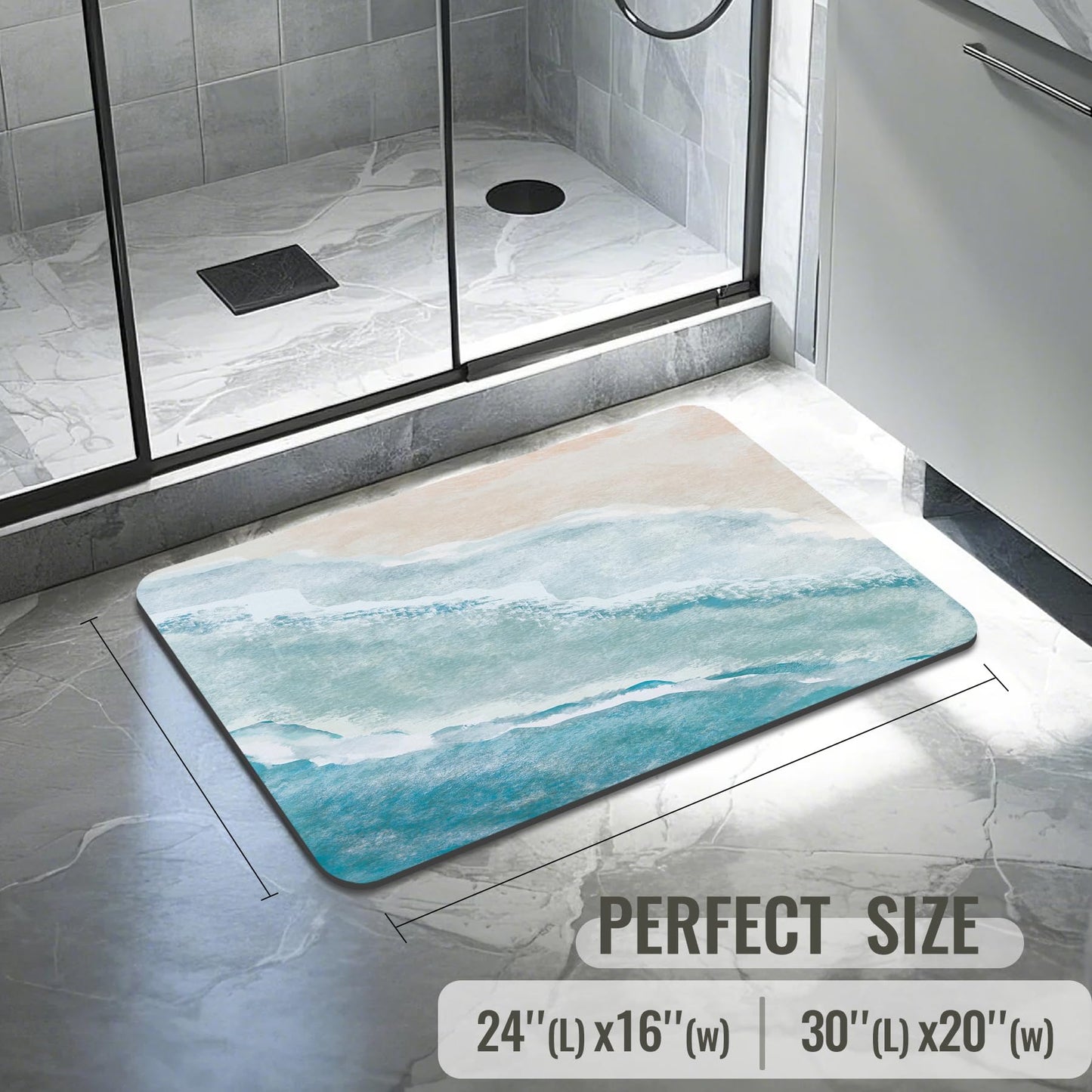 Coastal Beach Bathroom Mat Quick-Drying Non-Slip Rubber Bath Mats Super Absorbent Sand Wave Blue Teal Bath Mat Instant Dry Bathroom Rug in Front of The Kitchen Sink, Shower Room, Bathtub,16"x24"