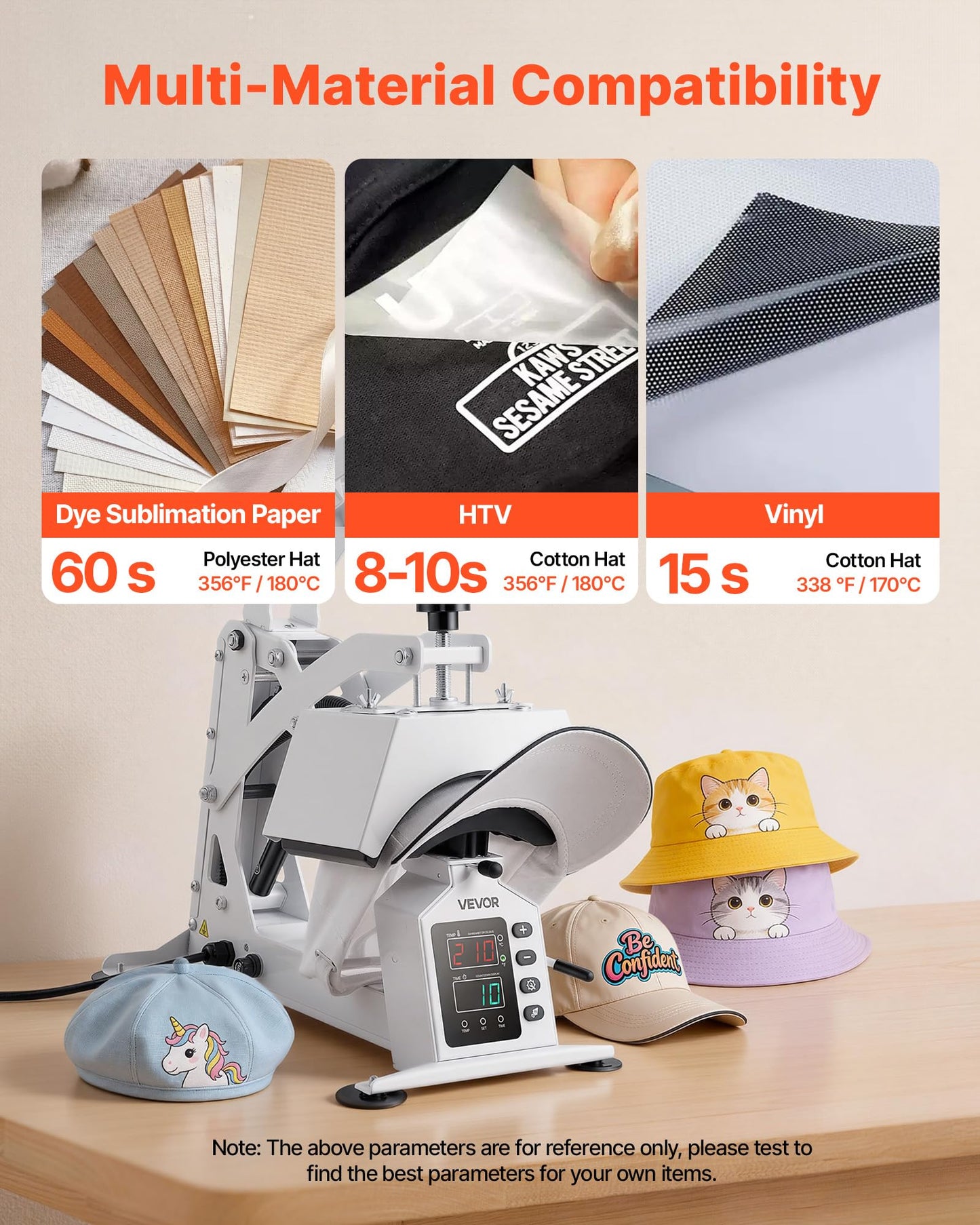 VEVOR Hat Heat Press Machine, 8.5 x 4 in Large Heating Plate, with Caps Stretcher, Precise Temperature & Time Control, Heat Press for Hats and Caps, for HTV Iron On and Sublimation Projects, White